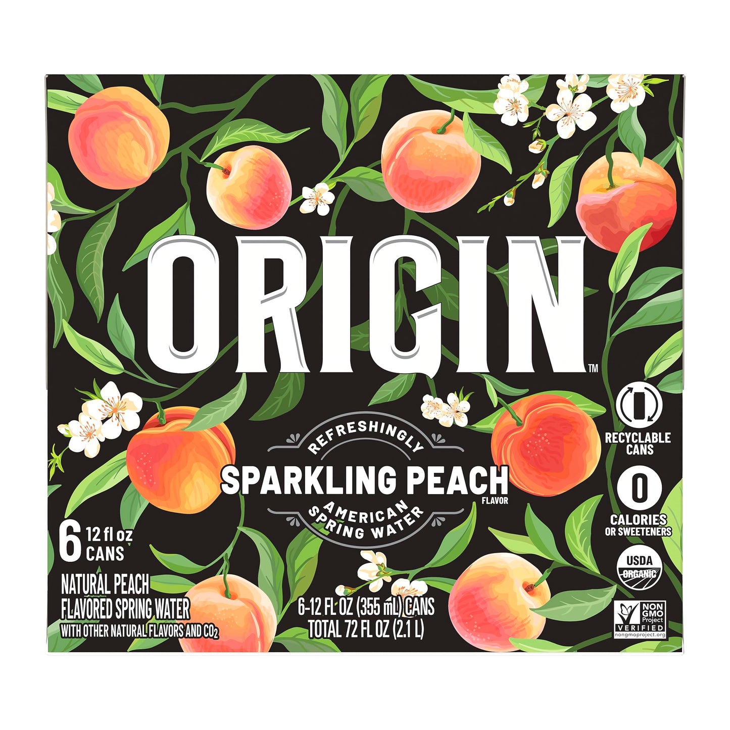 ORIGIN Organic & Non-GMO Peach Flavor Sparkling Water, 12 Fl Oz, Recyclable Aluminum Cans (6 Count) (Pack of 2)