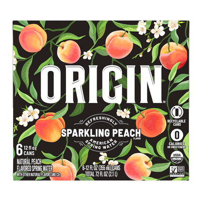 ORIGIN Organic & Non-GMO Peach Flavor Sparkling Water, 12 Fl Oz, Recyclable Aluminum Cans (6 Count) (Pack of 2)