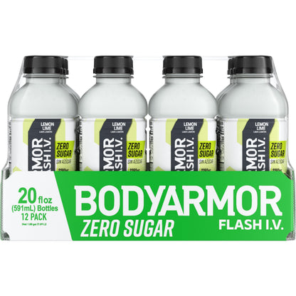 BODYARMOR Flash I.V. Zero Sugar Electrolyte Beverage, Lemon Lime, Hydration Drink For Rapid Rehydration, Post Workout Recovery, 20 Fl Oz (Pack of 12)