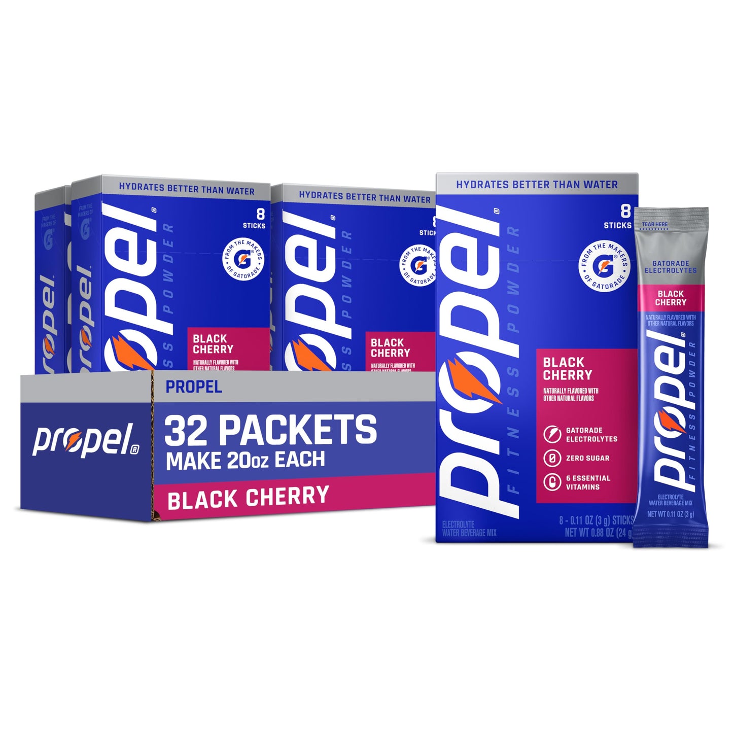 Propel Electrolyte Powder Drink Mix, Black Cherry, (32 Servings), Zero Sugar, Enhanced Water Beverage, Gatorade Electrolytes, Vitamins, No Added Colors, No Artificial Flavors, Hydration