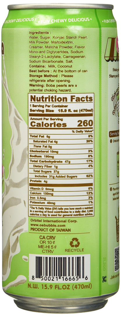 O's Bubble Gummy Boba Latte Canned Bubble Tea Drink With Chewy Boba Pearls (Konjac), 22% whole milk blend, 470ml(15.9 fl oz/can), MATCHA, (Pack of 12)