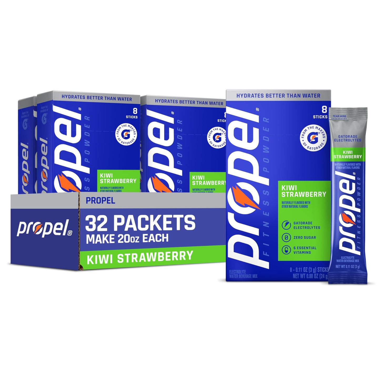 Propel Electrolyte Powder Drink Mix, Kiwi Strawberry, (32 Servings), Zero Sugar, Enhanced Water Beverage, Gatorade Electrolytes, Vitamins, No Added Colors, No Artificial Flavors, Hydration