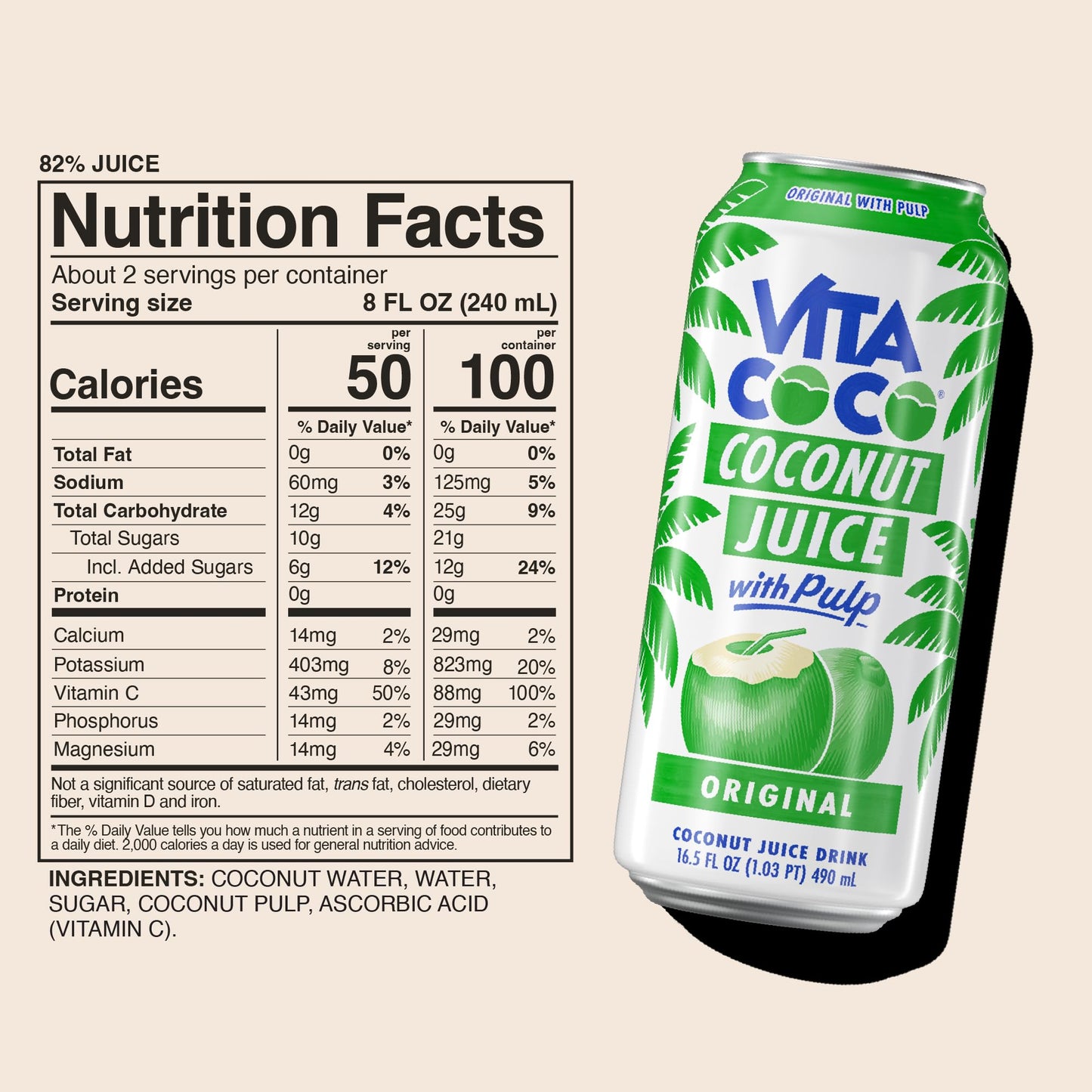 Vita Coco Coconut Juice, Original with Pulp | Big, Bold Coconut Taste | Natural Electrolytes | Sweet, Refreshing Hydration | 16.9 oz can (Pack of 12)