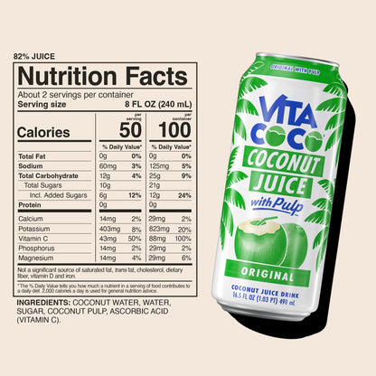 Vita Coco Coconut Juice, Original with Pulp | Big, Bold Coconut Taste | Natural Electrolytes | Sweet, Refreshing Hydration | 16.9 oz can (Pack of 12)