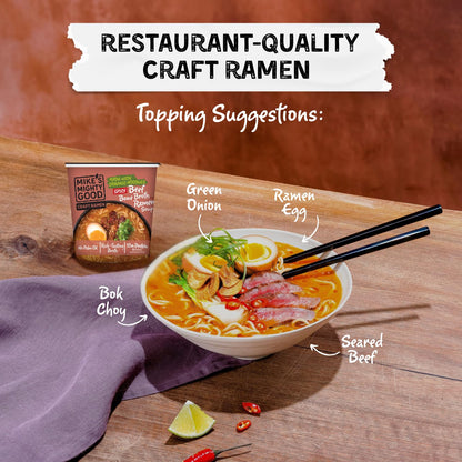 Mike’s Mighty Good Spicy Beef Bone Broth Ramen Cup (Pack of 6) – 10g Protein Instant Ramen Noodles – Organic Steamed, Non-GMO, Palm Oil-Free – Rich Tasting, No Artificial Flavors