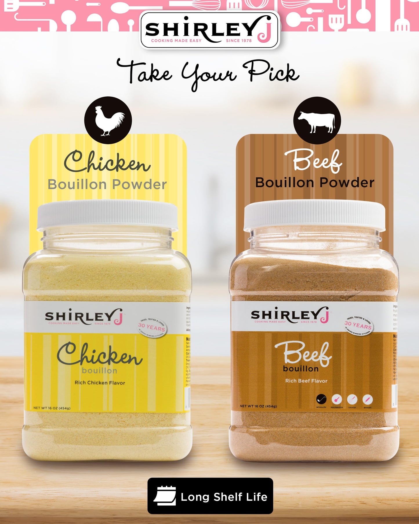 Shirley J Rich Chicken Bouillon Powder, Multi-Use Soup Base & Lower Sodium Bouillon – Replaces 30+ Cartons of Broth, Easy-Dissolve Instant Seasoning for Soups, Gravies, Rice, and Roasting – 1lb Jar