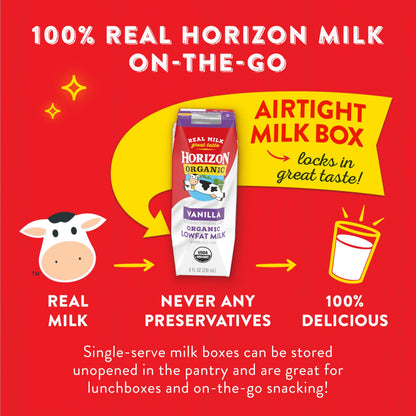 Horizon Organic Shelf Stable 1% Lowfat Vanilla Milk Boxes, 8 fl oz, 6 Count - 8g Protein per Serving, USDA Organic UHT, Ready to Drink for Lunchbox, Travel, or On-the-Go, No Refrigeration Needed