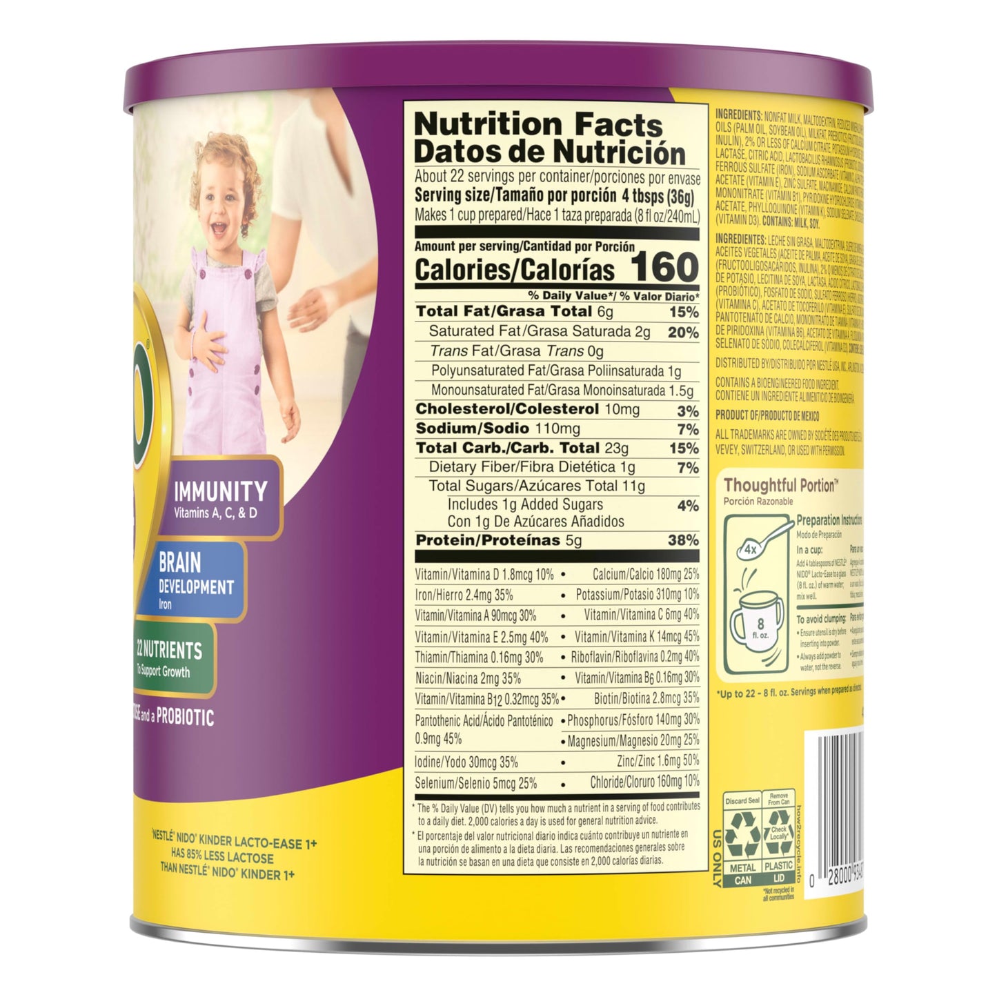 Nestlé NIDO Lacto-Ease Toddler Milk Beverage Powder Mix, Reduced Lactose, Toddler Nutritional Drink, Powdered Milk for Toddlers, 22 Servings per Container, 28.2 OZ, Pack of 1