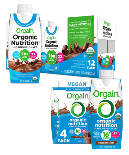 Orgain Organic Vegan Plant Based Nutritional Shake, Smooth Chocolate + Vanilla Bean, Packaging May Vary, 11 Fl Oz (Pack of 4)