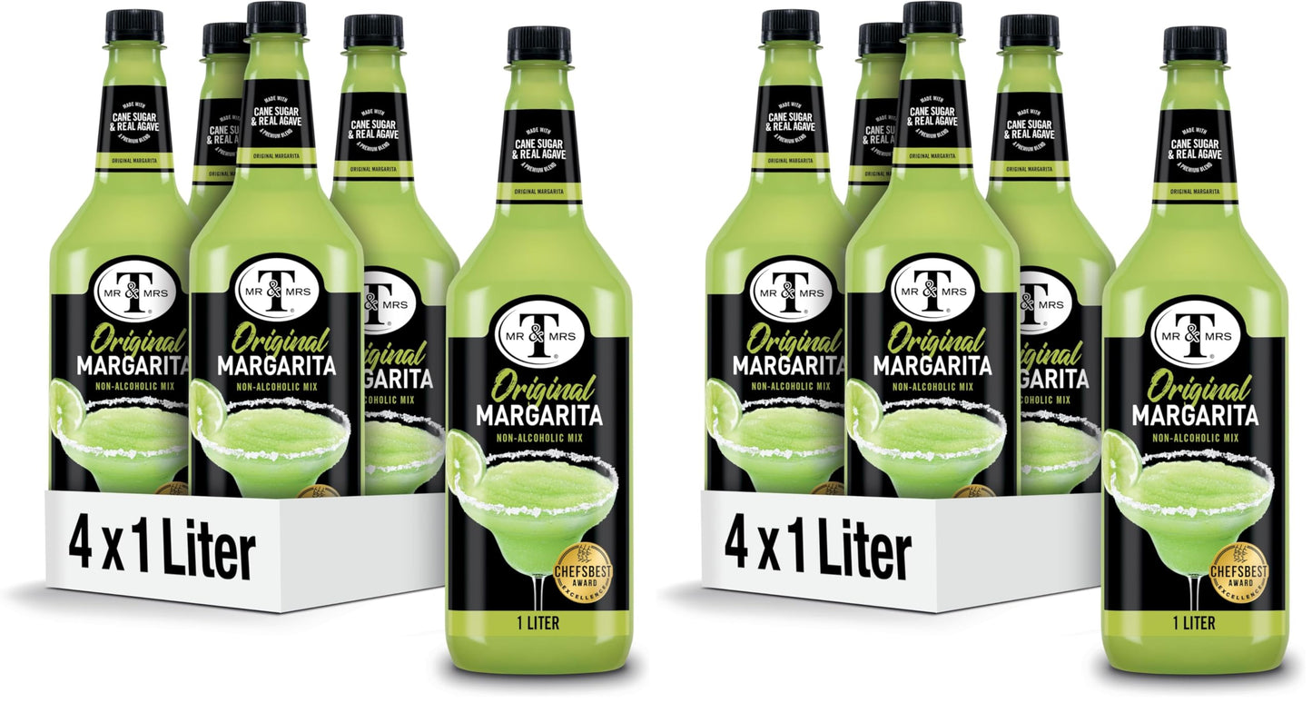 Mr & Mrs T Margarita Mix, 1 L bottle (Pack of 8), Tangy Lime Blend Flavored Cocktail Mixer, Made with Cane Sugar, Perfect for Traditional Margarita and Mocktail Drinks