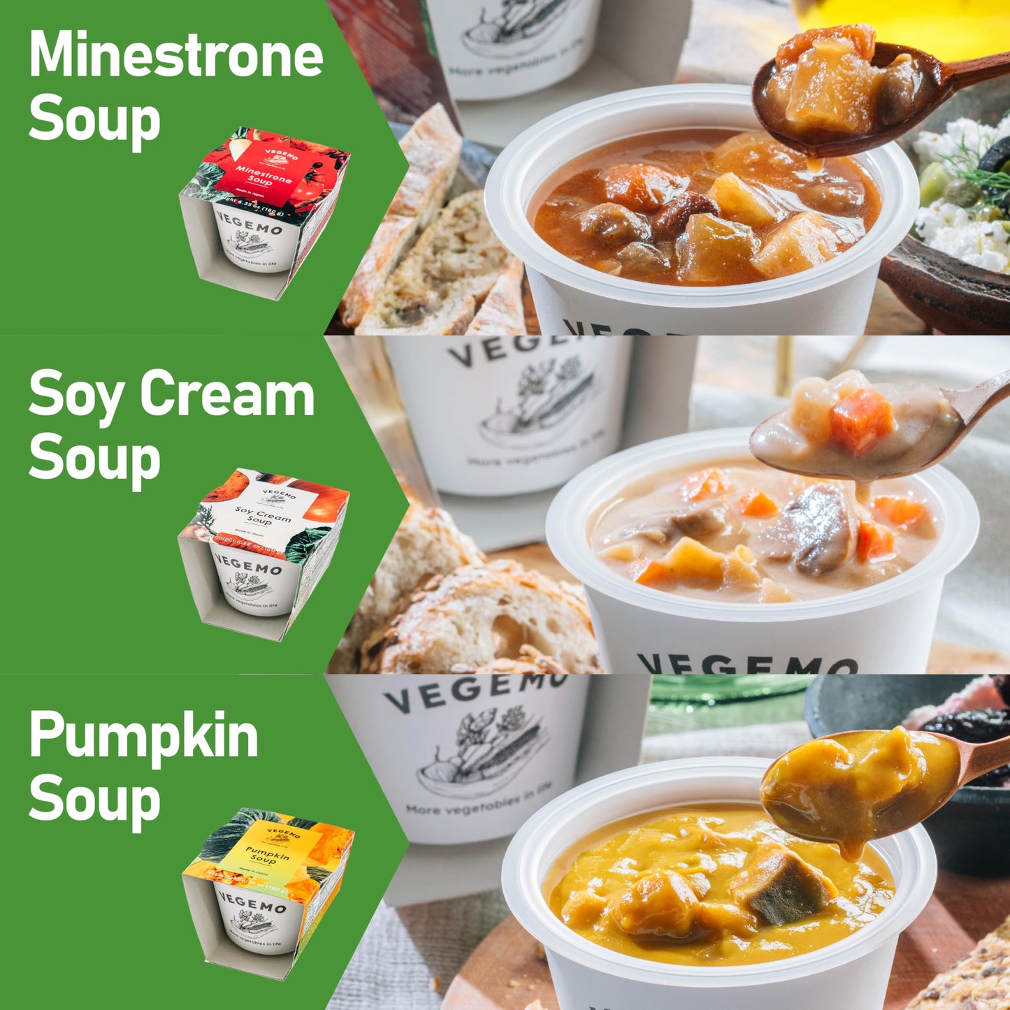 VEGEMO, Minestrone Soup, vegan, 0g Trans Fat, No Preservatives, No artificial dyes, No Added MSG, made in Japan, 6.35 oz, Pack of 4, Microwavable cup