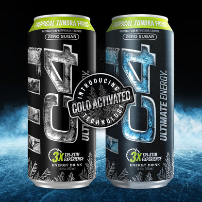 C4 Ultimate Frost Zero Sugar Energy Drink, Tri-Stim Experience with 300mg Caffeine + TeaCrine + Dynamine, Tropical Tundra Frost, 16oz (Pack of 12)