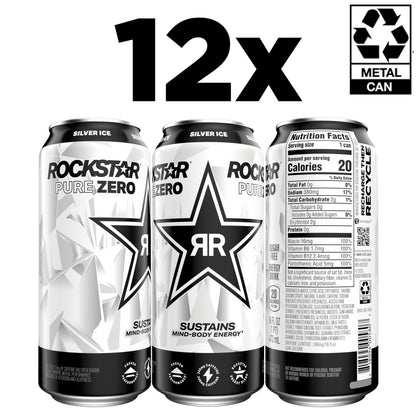Rockstar Pure Zero Energy Drink, Silver Ice, 0 Sugar, with Caffeine and Taurine, 16oz Cans (Pack of 12) (Packaging May Vary)