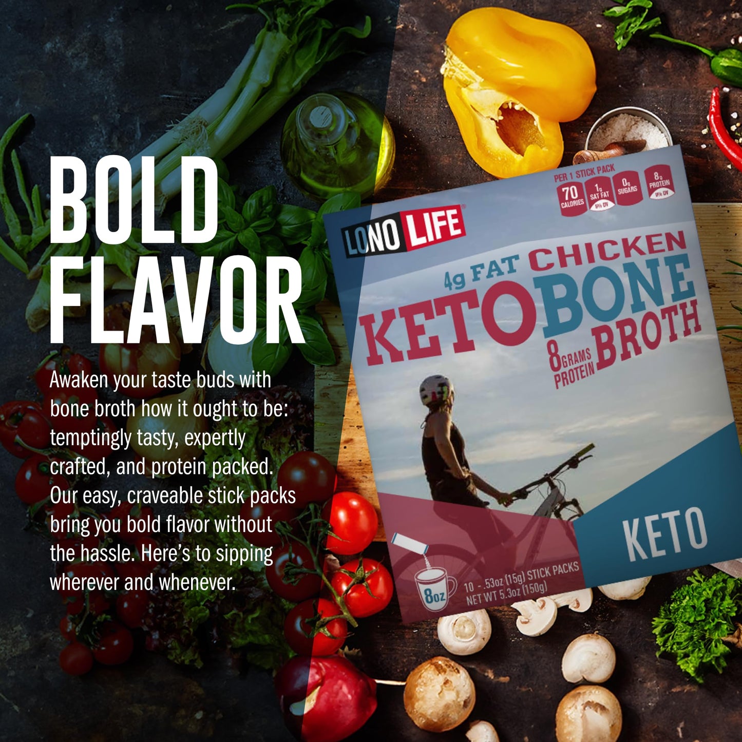 LonoLife Keto Chicken Bone Broth Powder Mix | 10g Protein | Collagen-Rich, Keto & Paleo Friendly | Natural Ingredients | 10 Portable Stick Pack Servings
