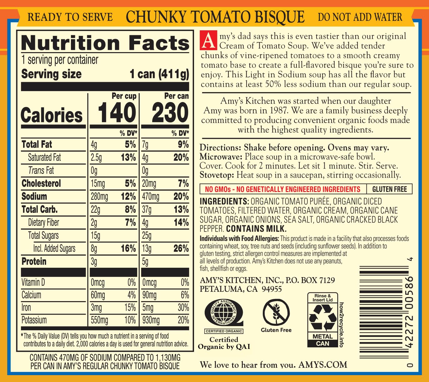 Amy’s Soup, Chunky Tomato Bisque Canned Soup, Light in Sodium, Gluten Free, Made With Organic Tomatoes and Cream, 14.5 Oz (6 Pack)