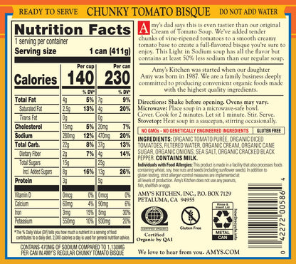 Amy’s Soup, Chunky Tomato Bisque Canned Soup, Light in Sodium, Gluten Free, Made With Organic Tomatoes and Cream, 14.5 Oz (6 Pack)