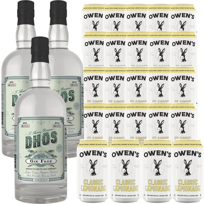 Dhōs Handcrafted Non-Alcoholic Gin 750 ML Bottles w Pack Owen’s Mixers Lemonade 8.2 OZ Cans - Perfect for Mocktails - Made in USA