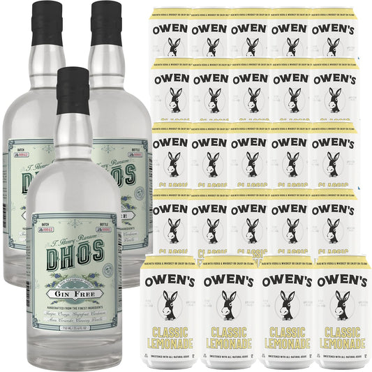 Dhōs Handcrafted Non-Alcoholic Gin 750 ML Bottles w Pack Owen’s Mixers Lemonade 8.2 OZ Cans - Perfect for Mocktails - Made in USA