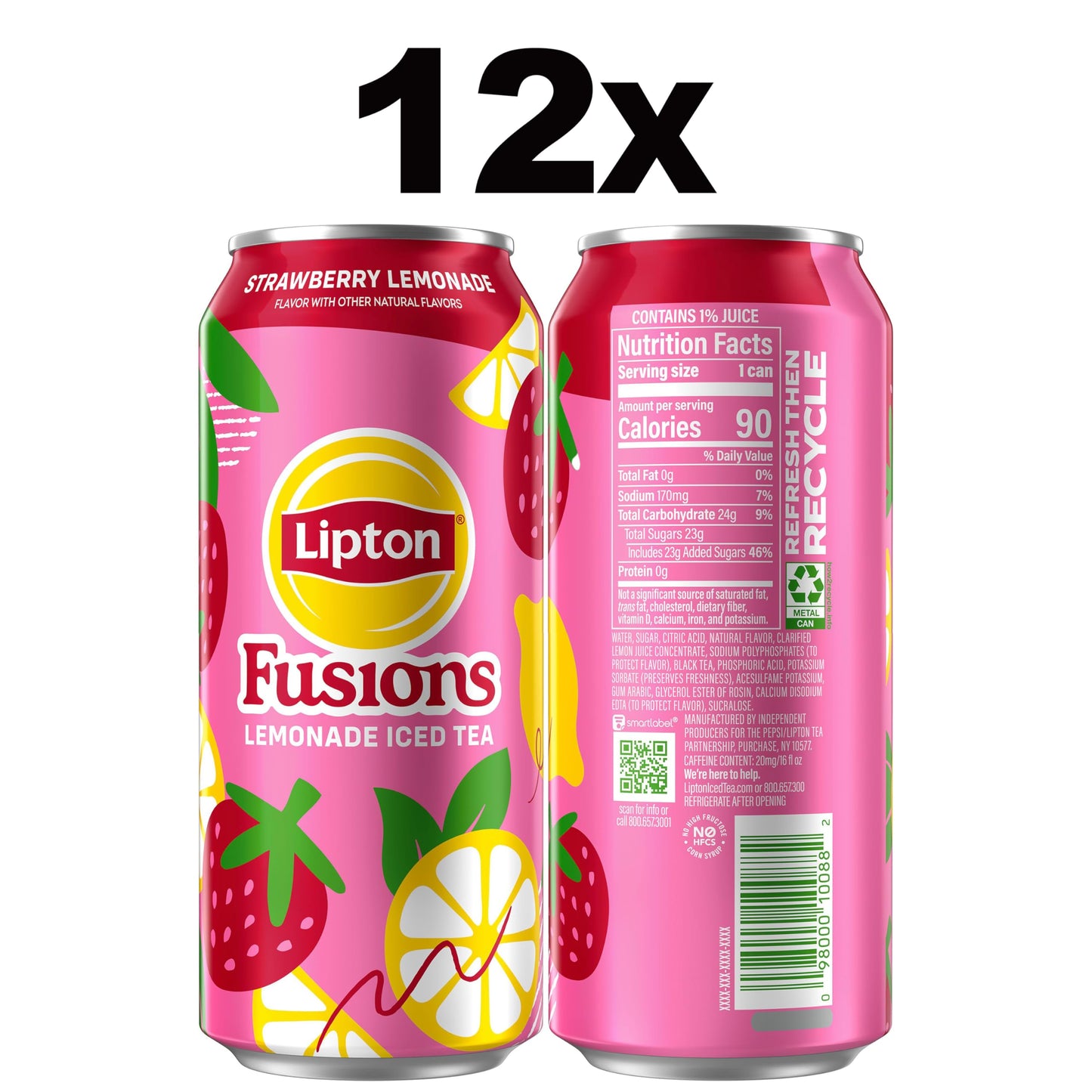 Lipton Fusions, Strawberry Lemonade & Iced Tea, 16 Fl Oz Cans (Pack of 12)