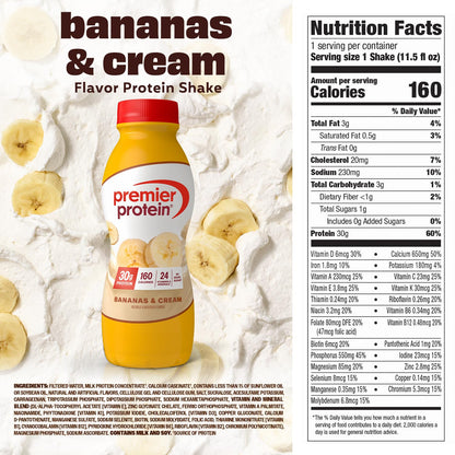 Premier Protein Shake, Bananas & Cream, 30g Protein, No Added Sugar, 24 Vitamins & Minerals to Support Immune Health, 11.5 fl oz, 12 Pack