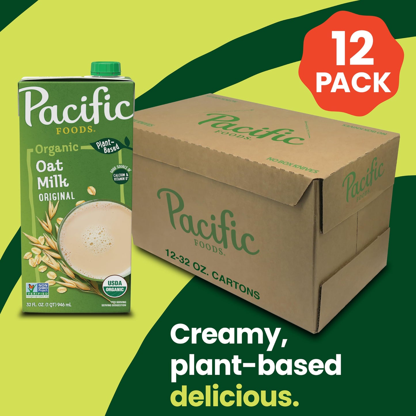 Pacific Foods Original Organic Oat Milk, Plant Based Milk, 32 oz Carton (12 Pack)