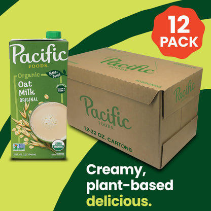 Pacific Foods Original Organic Oat Milk, Plant Based Milk, 32 oz Carton (12 Pack)