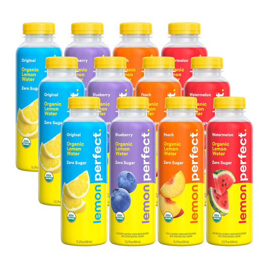 Lemon Perfect 4-Flavor Variety Pack, Hydrating Flavored Lemon Water, Zero Sugar, Delicious and Refreshing, Organic, 15.2 fl oz Bottles (12-Pack)