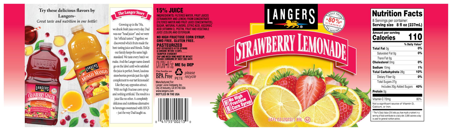 Langers Strawberry Lemonade, 64 fl oz (Pack of 8)