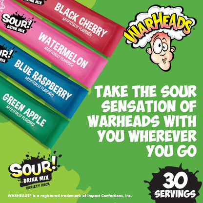 Warheads Singles To Go Sour Drink Mix, 30 Sticks, Variety Pack (Green Apple, Black Cherry, Watermelon, Blue Raspberry), Zero Sugar, Low Calorie