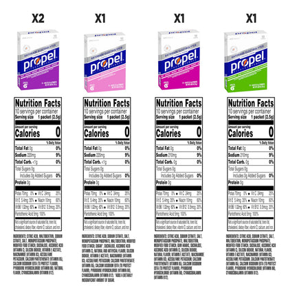 Propel Electrolyte Enhanced Water Drink Mix Powder Packets, 4 Flavor Variety Pack, Zero Calorie & Zero Sugar Hydration with Electrolytes and Vitamins C & E (50 Packets)