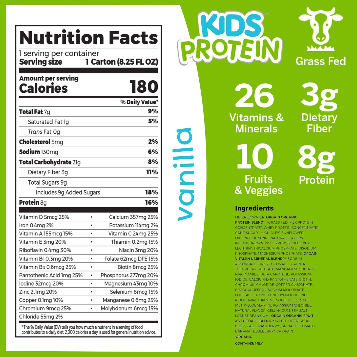 Orgain Organic Protein + Superfoods Powder, Vanilla Bean (2.02lb) and Orgain Organic Kids Nutritional Protein Shake, Vanilla (Pack of 12)