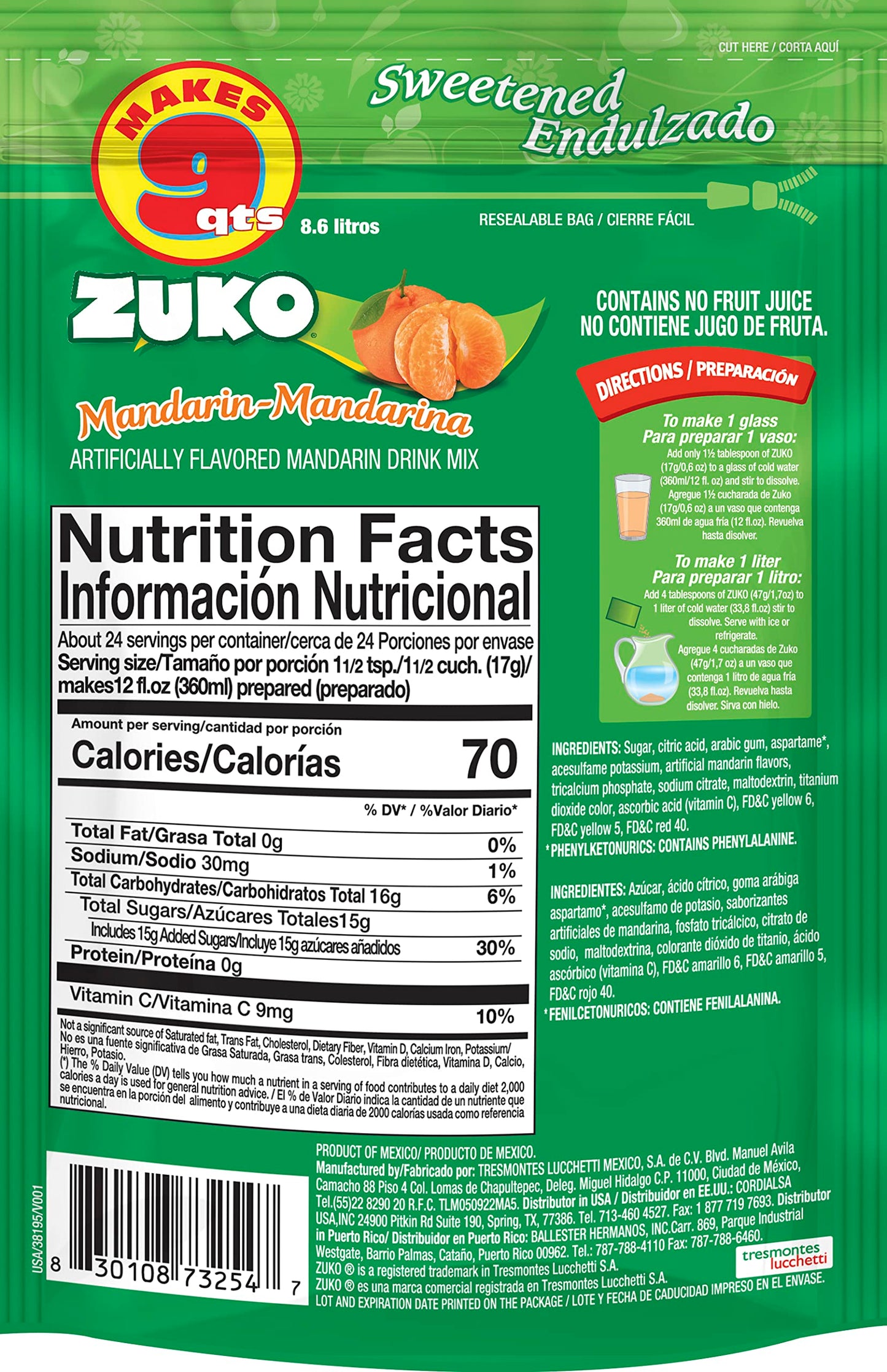 Zuko Mandarin Powdered Drink Mix Family Pack, No Added Sugar Needed, 14.1 oz (Pack of 6)