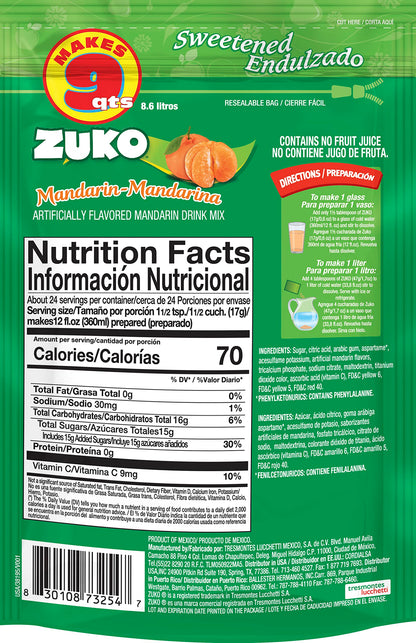 Zuko Mandarin Powdered Drink Mix Family Pack, No Added Sugar Needed, 14.1 oz (Pack of 6)