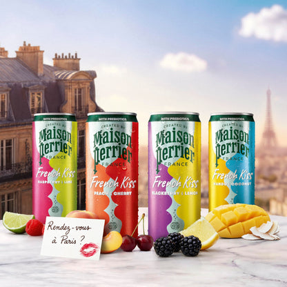 Maison Perrier French Kiss Sweetened Sparkling Juice Beverage, Blackberry & Lemon Flavors With Real Fruit Juices, 24Pk