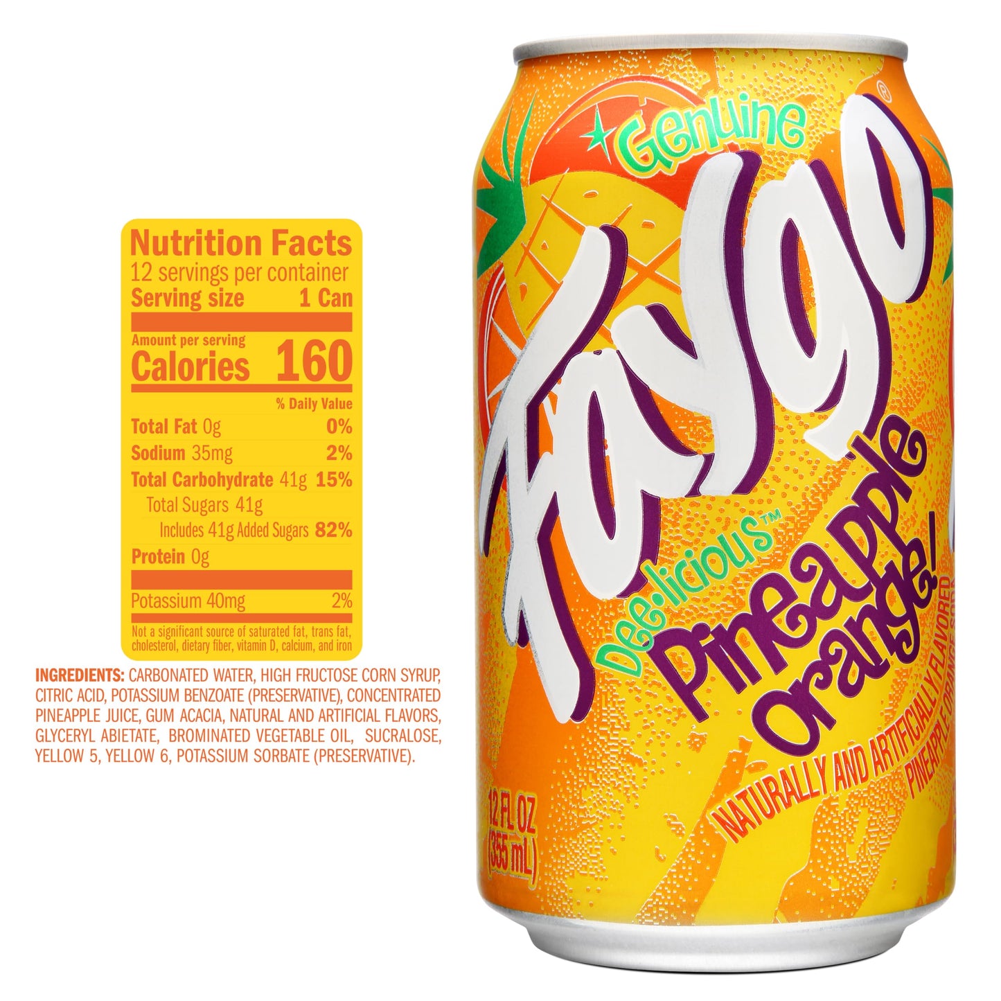 Faygo Pineapple Orange Soda | 12-Pack of 12oz Cans | Tropical Blend of Citrus Flavors | Caffeine-Free | Fruity & Refreshing