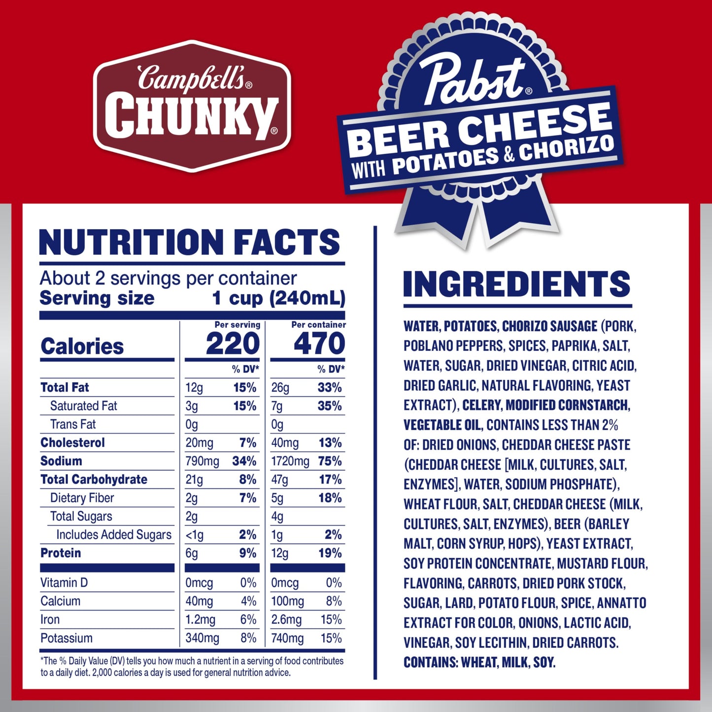 Campbell’s Chunky x Pabst Blue Ribbon Beer Cheese with Potatoes & Chorizo Soup, 18.8 oz Can