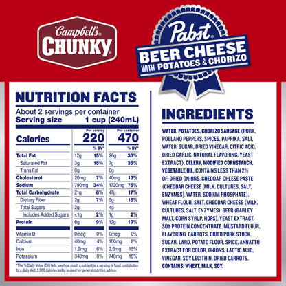 Campbell’s Chunky x Pabst Blue Ribbon Beer Cheese with Potatoes & Chorizo Soup, 18.8 oz Can