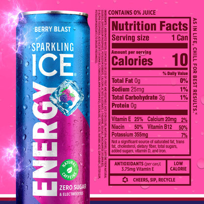 Sparkling Ice Energy Variety 12Pk. Energy Drinks with Vitamins + Antioxidants, Zero Sugar, Berry Blast, Maximum Mango, Power Punch flavors. 12 fl oz cans.