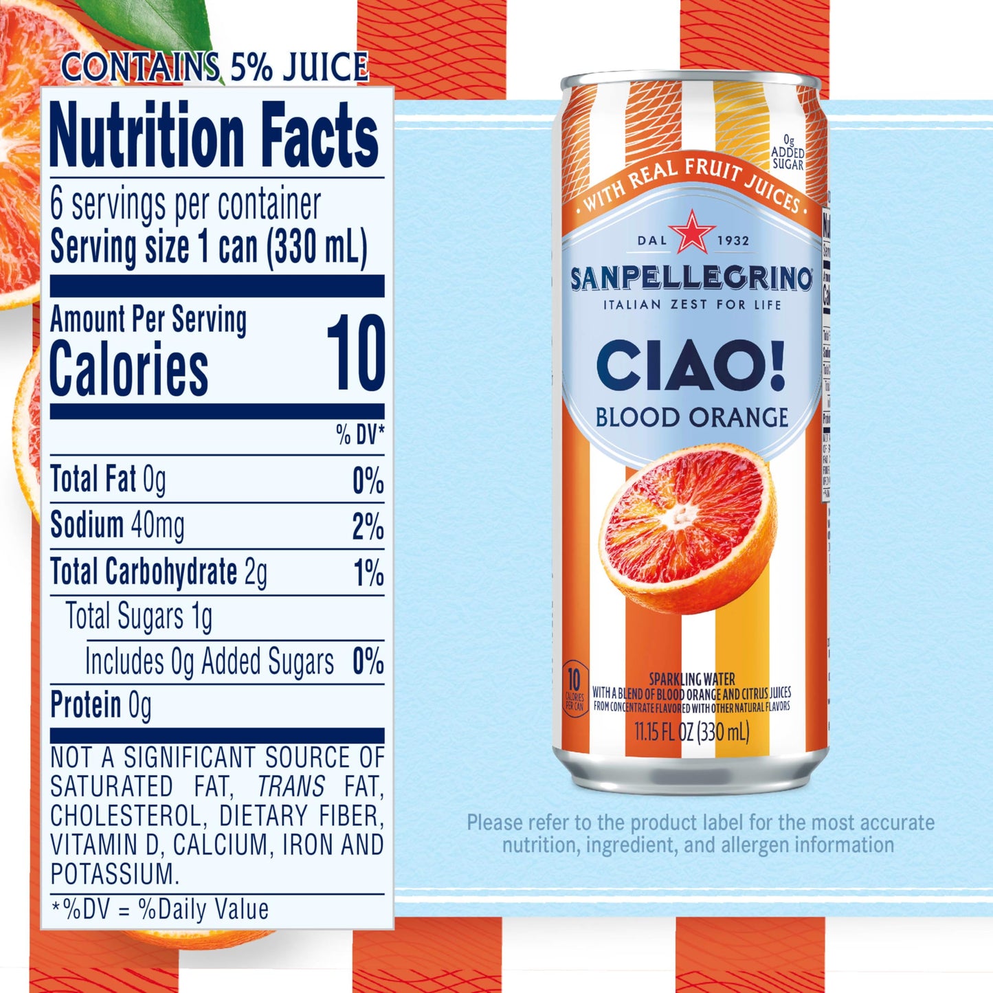 Sanpellegrino CIAO! Blood Orange Sparkling Water, LowCal, 0g Added Sugar, 6Pack