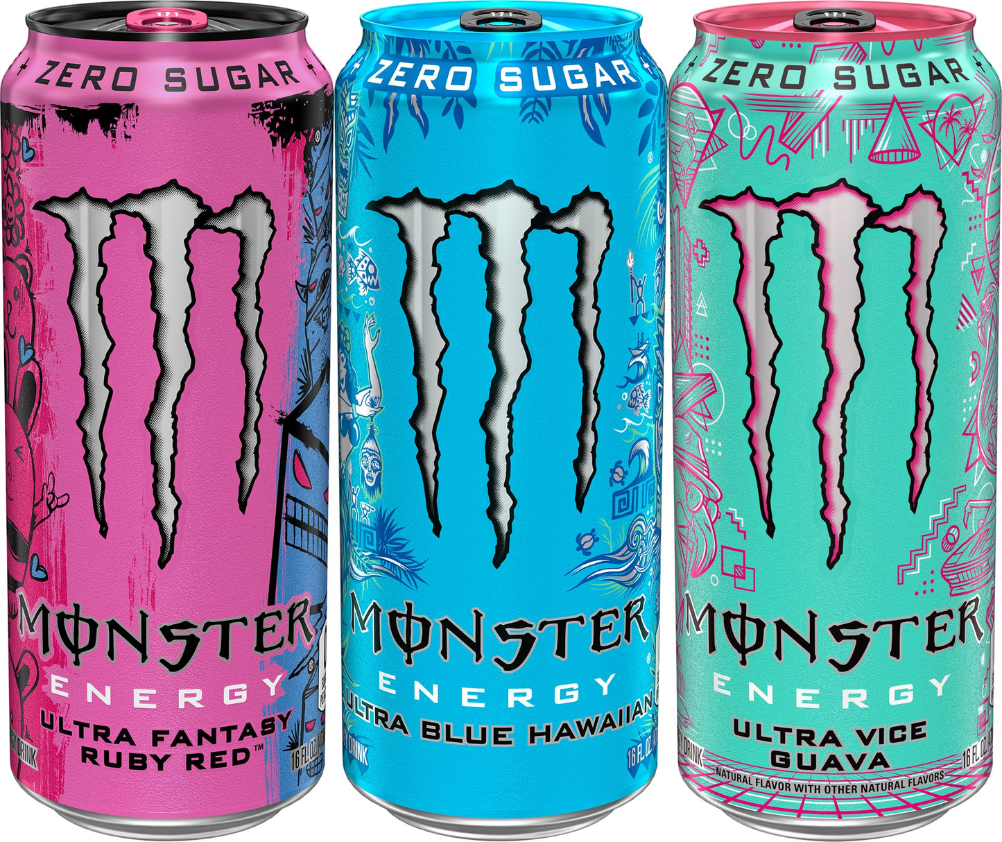 Monster Energy Ultra Variety Pack, Blue Hawaiian, Ultra Vice Guava, Ultra Fantasy Ruby Red, Sugar Free Energy Drink, 16 Ounce (Pack of 15)