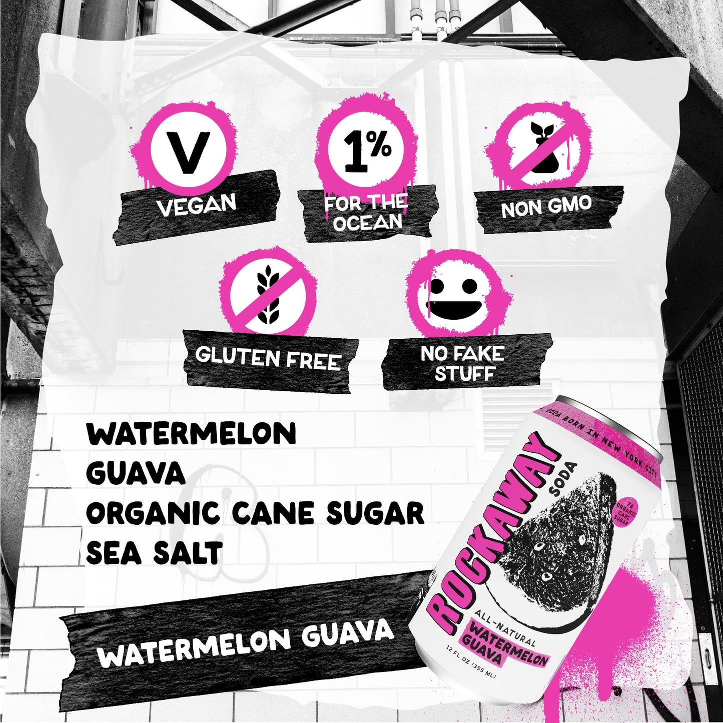 ROCKAWAY Watermelon Guava Soda Drinks - Low calorie drinks made from Real Fruit Juice, All Natural - Soda Pop Drinks Gluten Free, Vegan, GMO Free - 12oz (12 Pack)