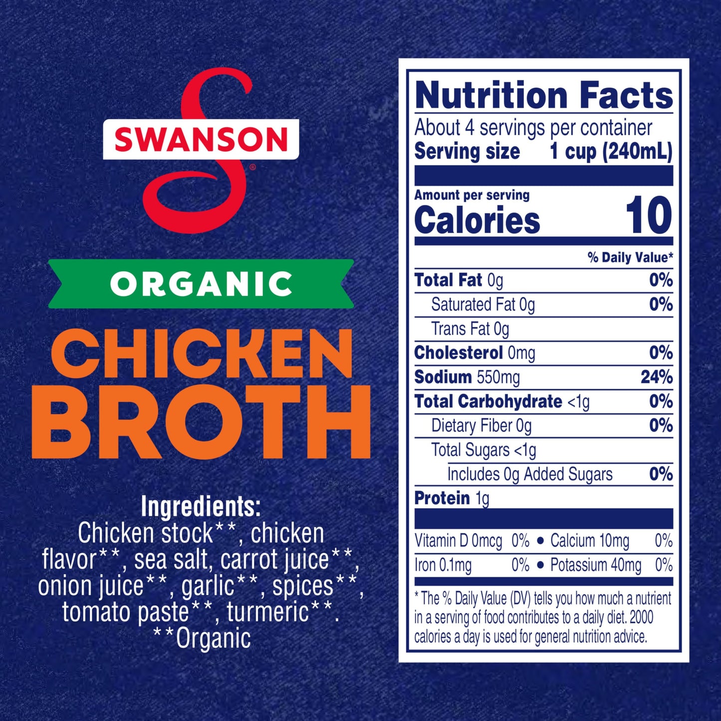 SWANSON S 100% Natural Organic Chicken Broth, 32 oz Carton