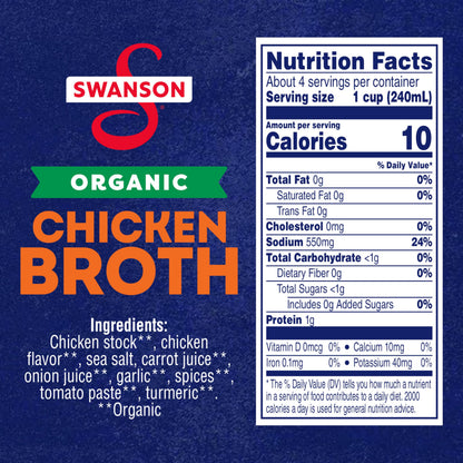SWANSON S 100% Natural Organic Chicken Broth, 32 oz Carton