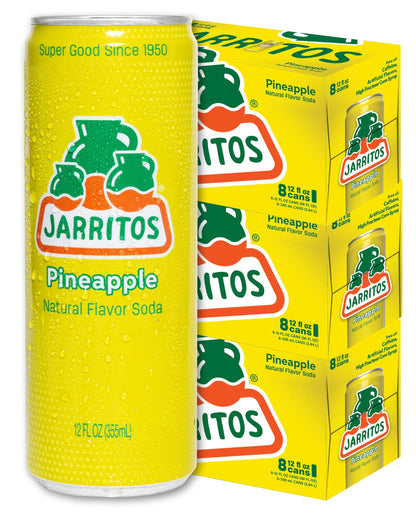 Jarritos - Mexican Soda Soft Drinks, Pineapple (12 oz, 355ml) 24 Cans (3 Boxes of 8) - Real Cane Sugar - 0g Fat - Made in Mexico - Natural Flavor Soda Pop - Party & BBQ Beverages