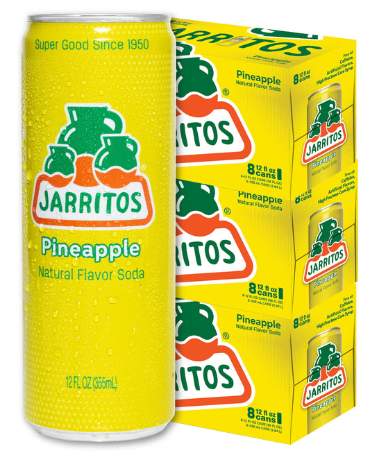 Jarritos - Mexican Soda Soft Drinks, Pineapple (12 oz, 355ml) 24 Cans (3 Boxes of 8) - Real Cane Sugar - 0g Fat - Made in Mexico - Natural Flavor Soda Pop - Party & BBQ Beverages
