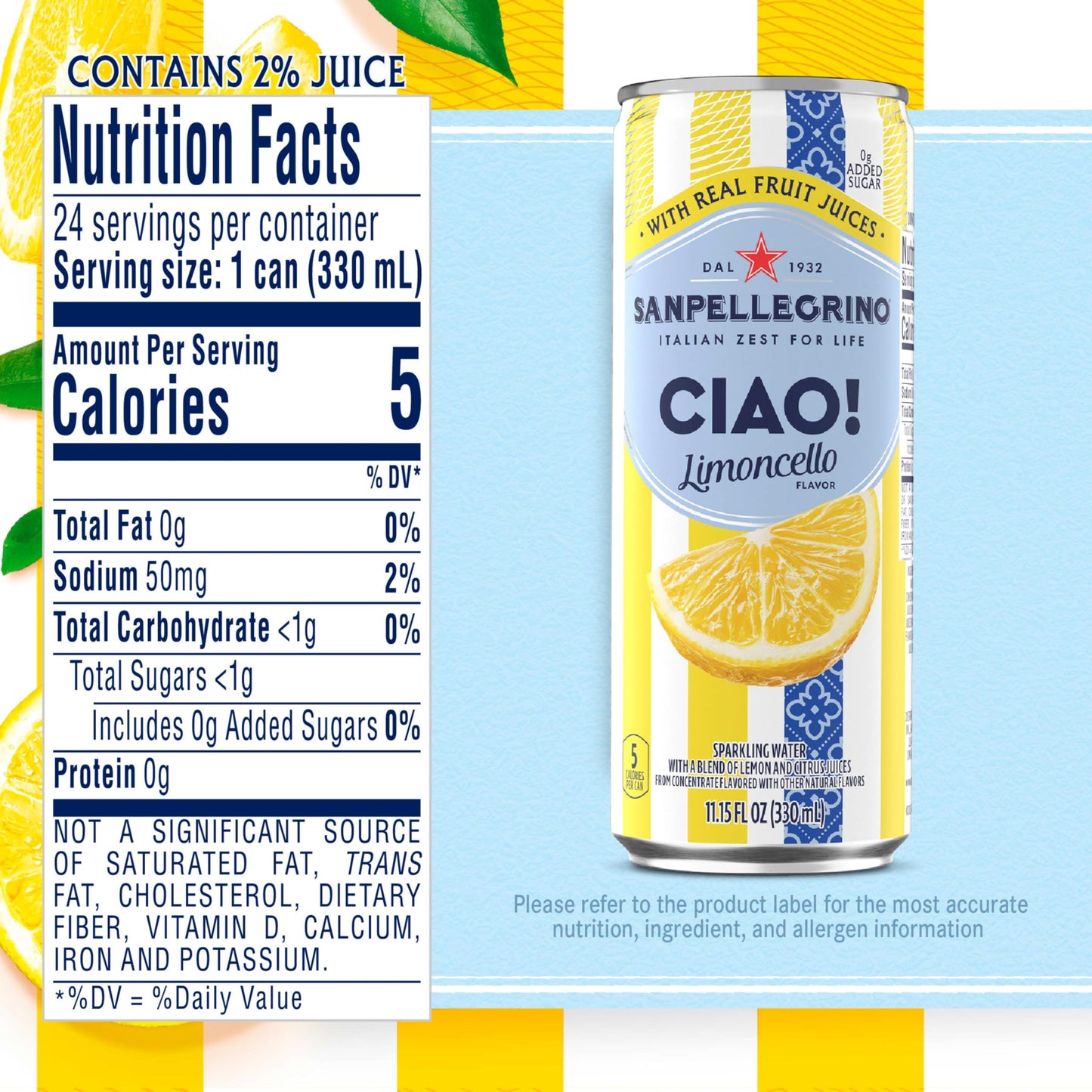 Sanpellegrino Ciao Limoncello Flavored Sparkling Water, Italian Sparkling Water, 24Pk
