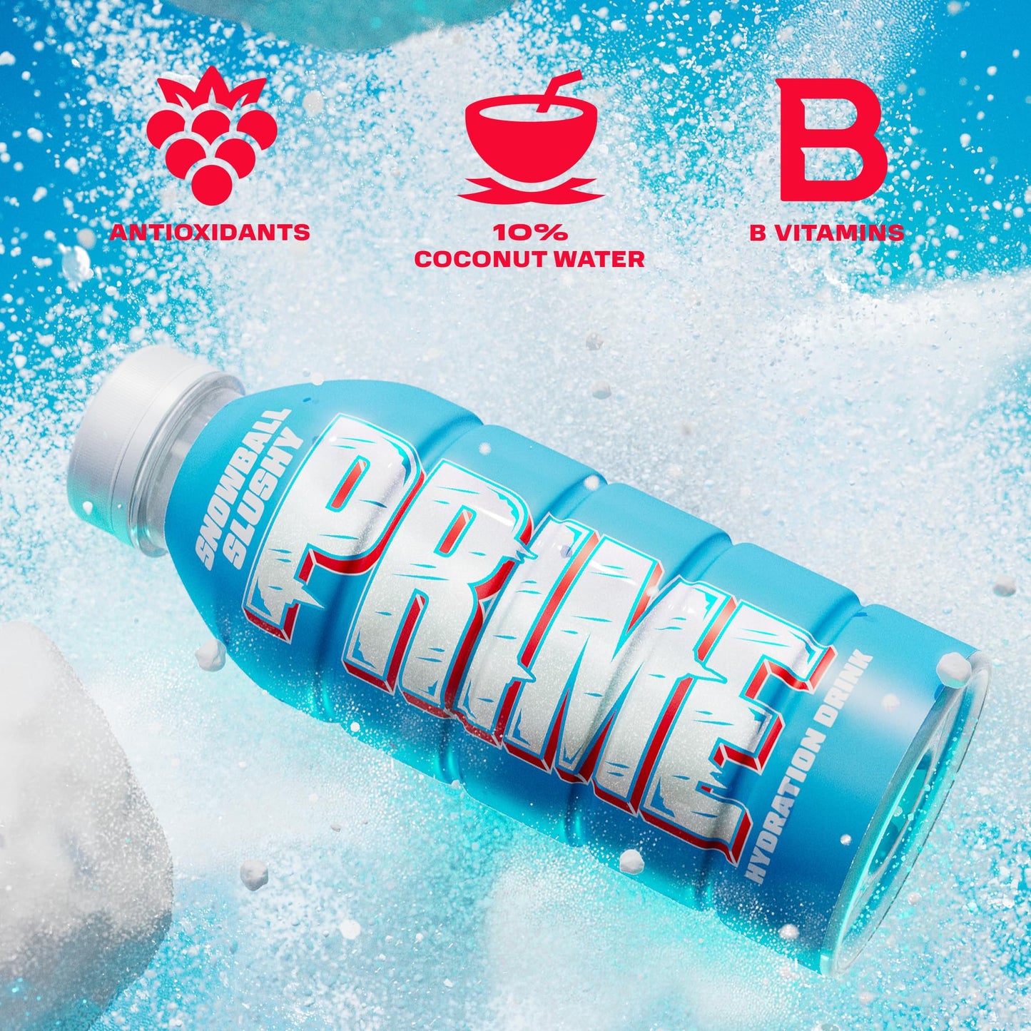 PRIME Hydration, SNOWBALL SLUSHY, Sports Drinks, Electrolyte Enhanced for Replenishing Fluids, 250mg BCAAs, B Vitamins, Antioxidants, Low Sugar, 16.9 Fl Oz, 12 Pack