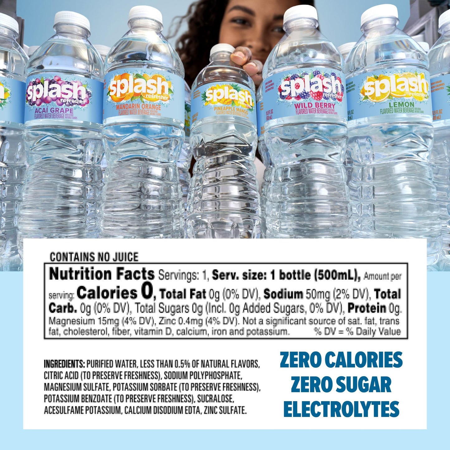 SPLASH REFRESHER Flavored Water Bottles, Mandarin Orange Flavor - 6-Pack, 16.9 Fl Oz - Refreshing Flavored Bottled Water with Electrolytes - Zero Sugar & Zero Calories