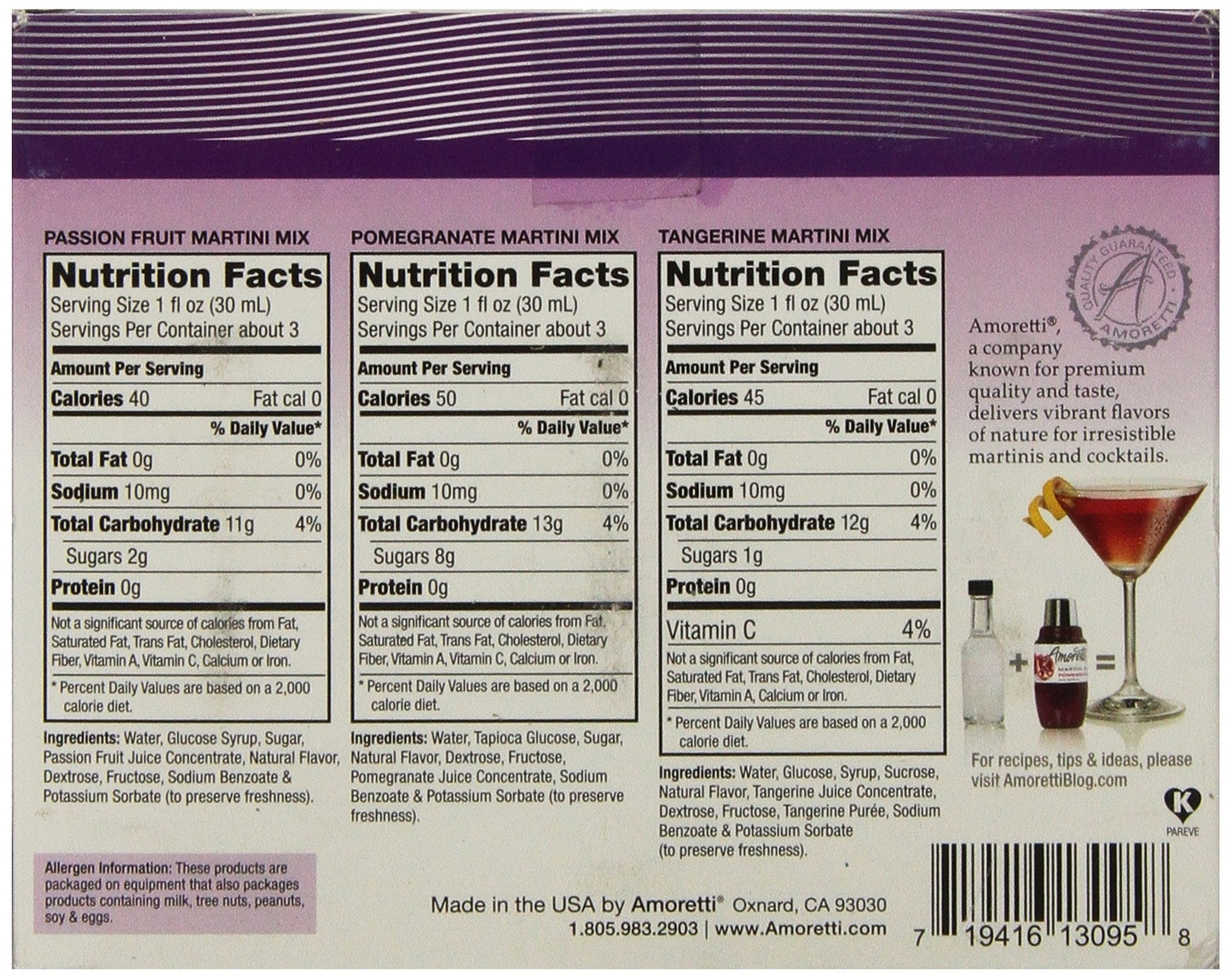 Amoretti Premium Martini Cocktail Mix Exotic Minis, Tangerine, Pomegranate and Passion Fruit, 3 Count