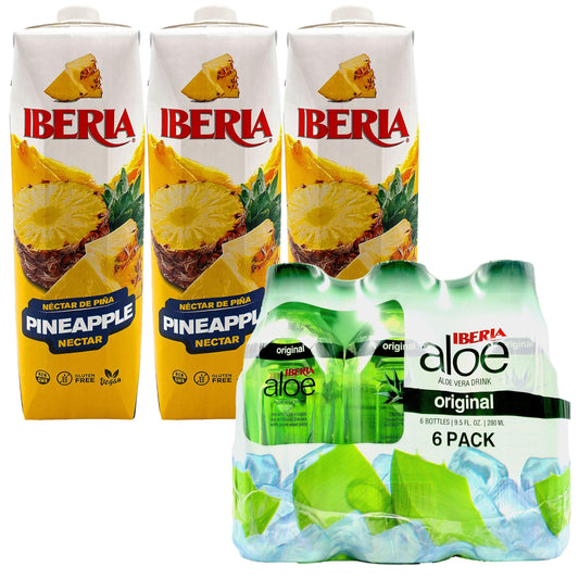 Iberia Pineapple Nectar, 33.8 Fl Oz, (Pack of 3) + Iberia Aloe Vera Drink with Pulp 9.5 fl oz, Original (Pack of 6)